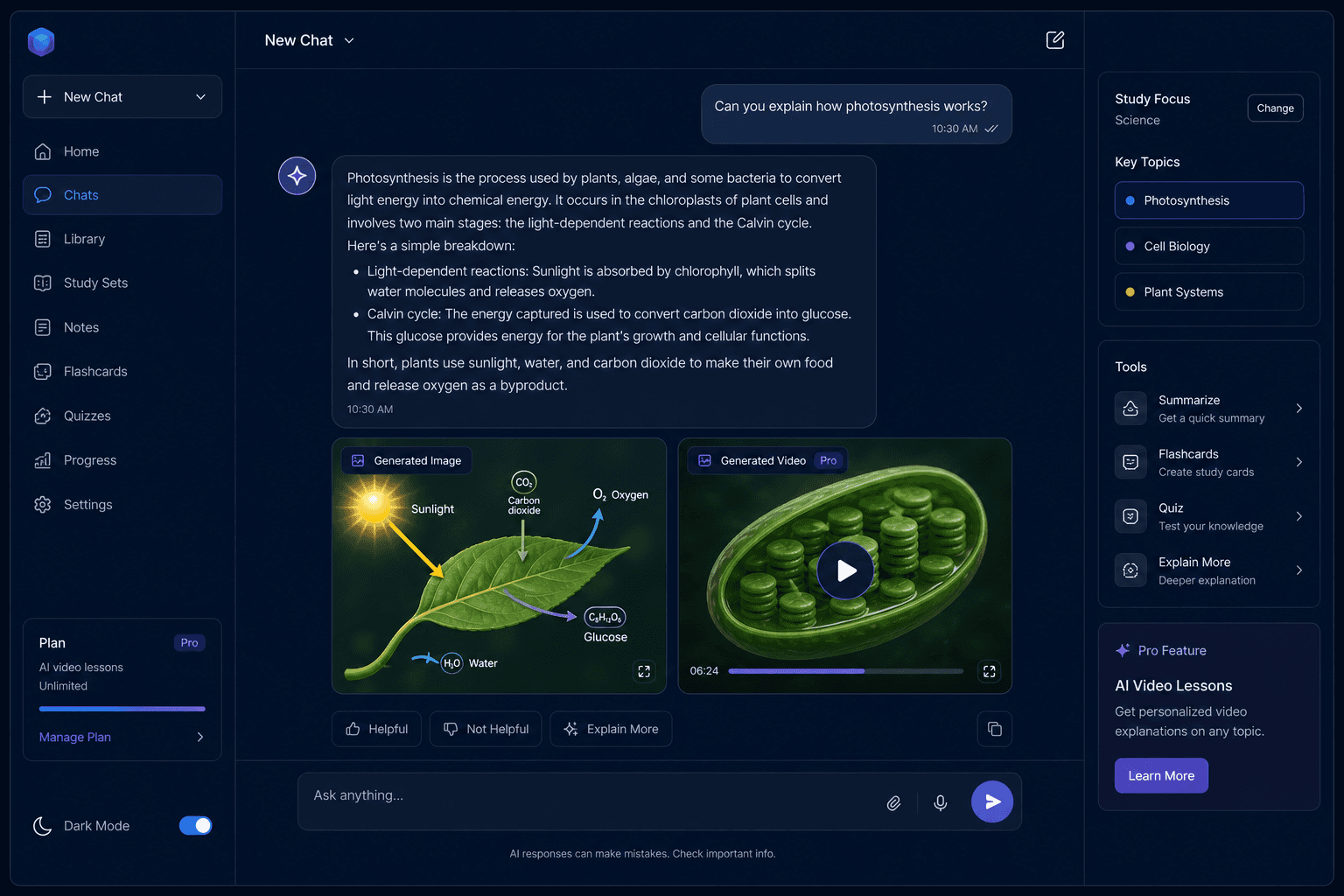 A Study Cube AI chat interface answering a science question with text, an educational image and a Pro video lesson