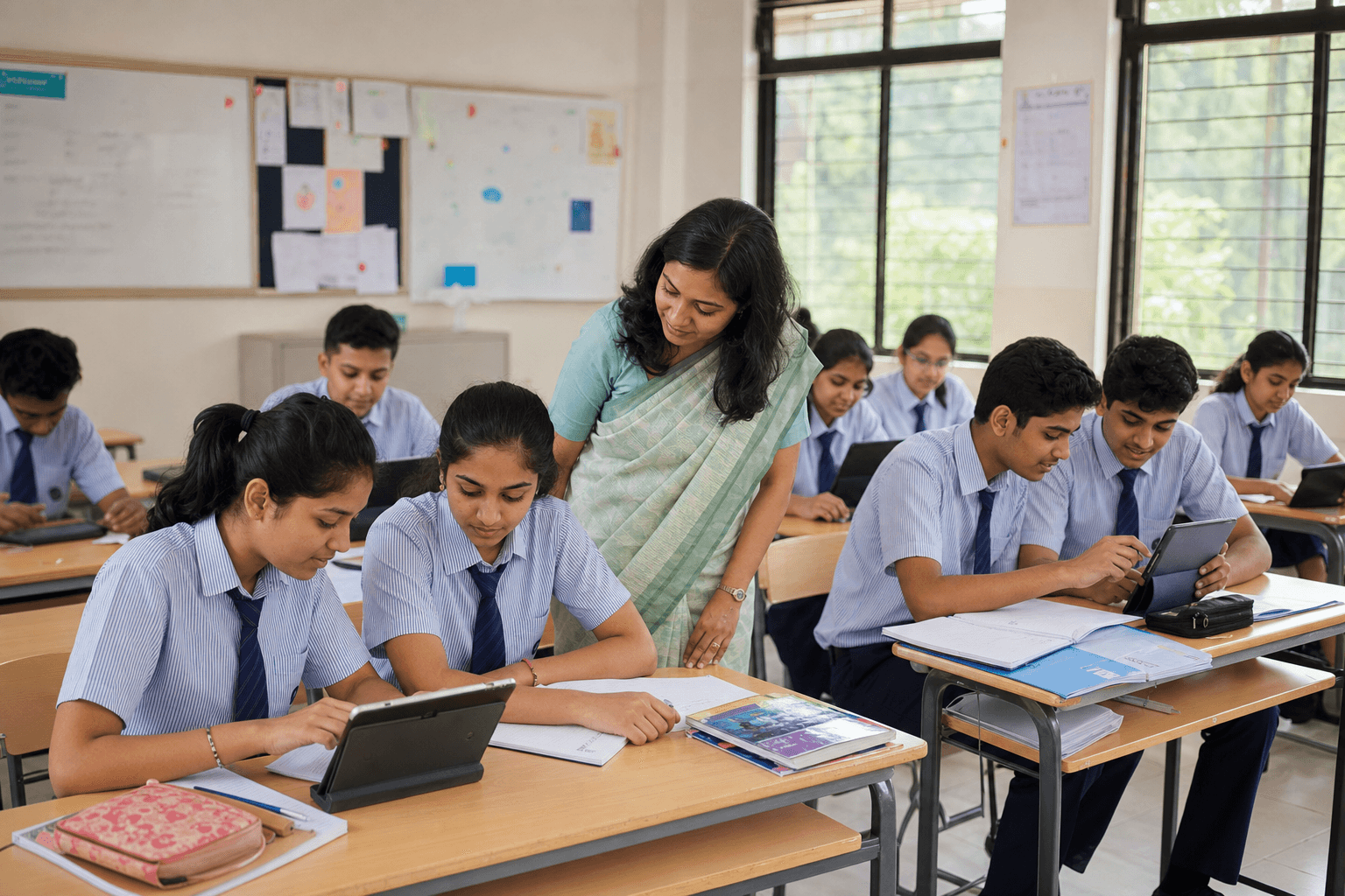 Indian secondary-school students learning with tablets while their teacher supports the class