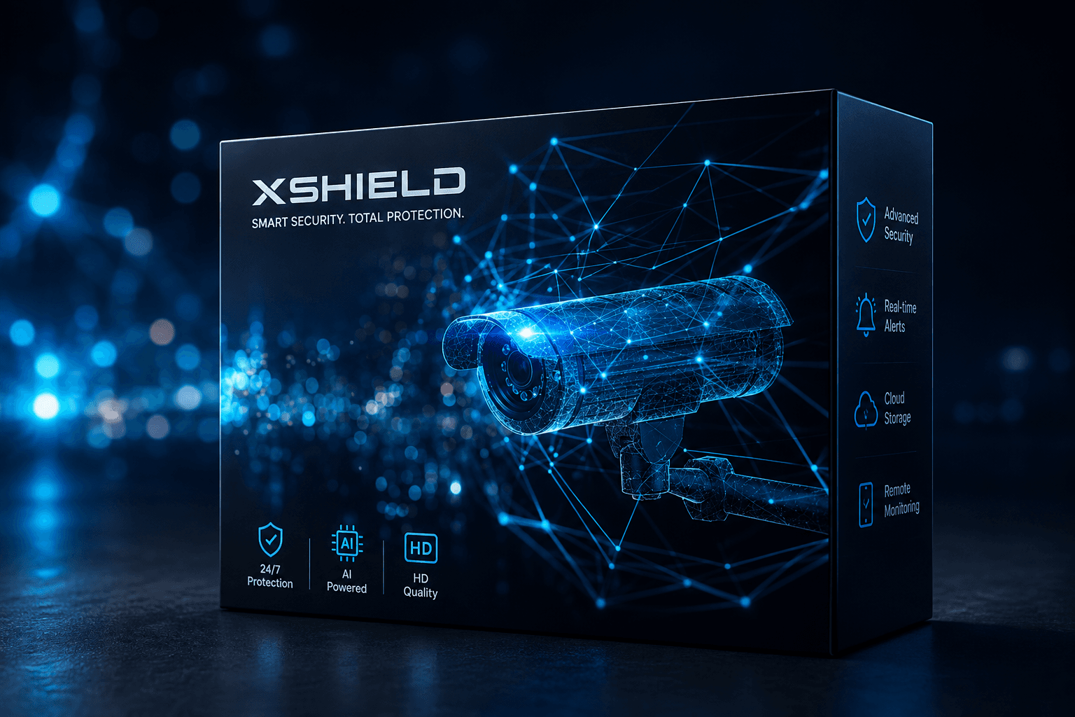 Xshield smart-security product packaging with a connected camera illustration