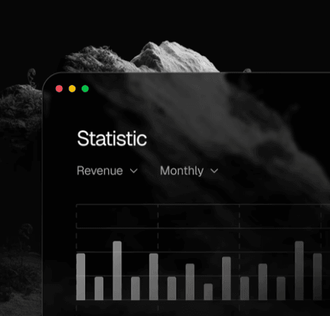 Statistics dashboard over a monochrome mountain landscape
