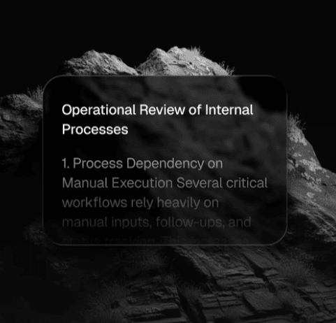 Operational review interface over a monochrome mountain landscape