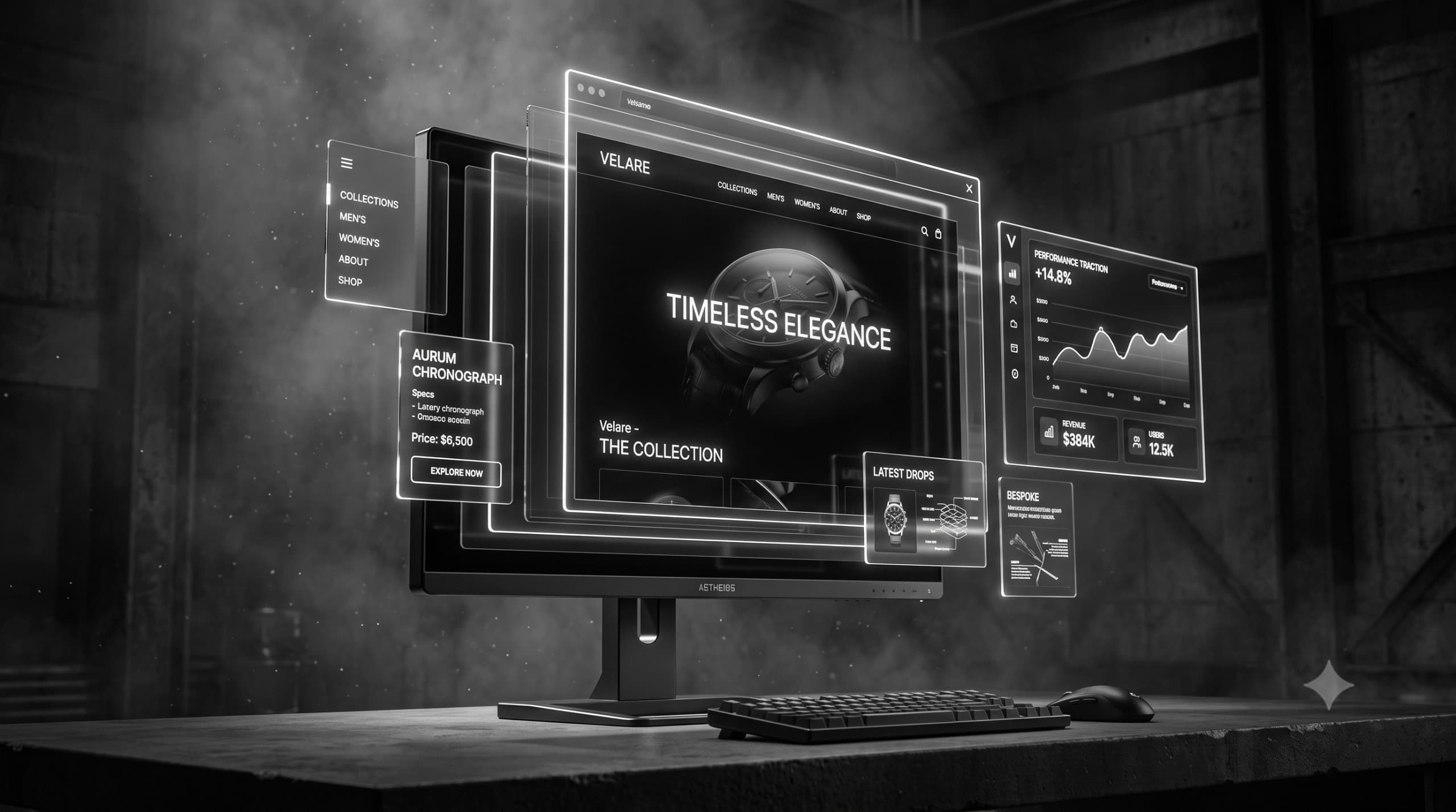 Layered website interface and analytics displayed across a desktop workspace