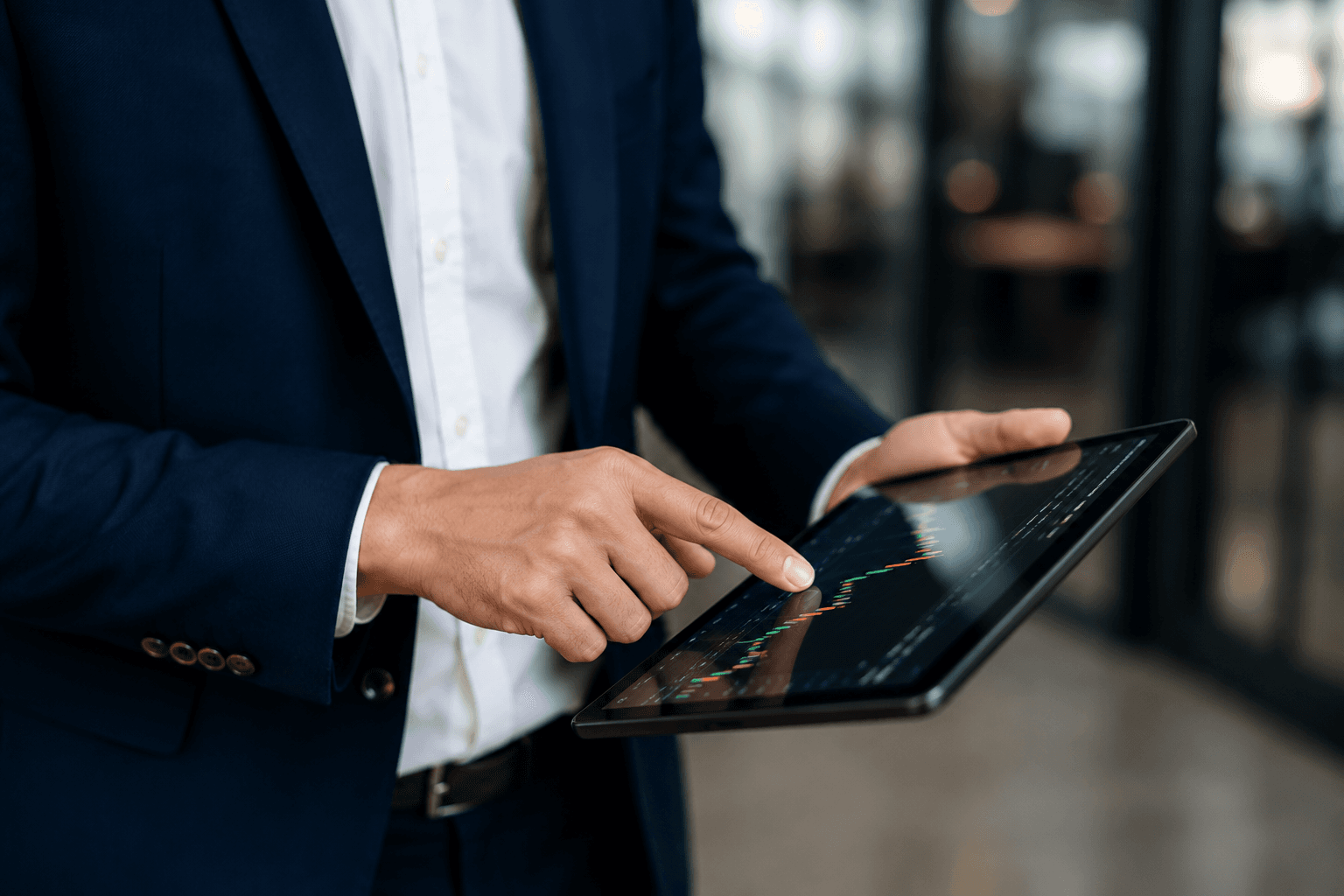 A financial professional reviewing market data on a tablet